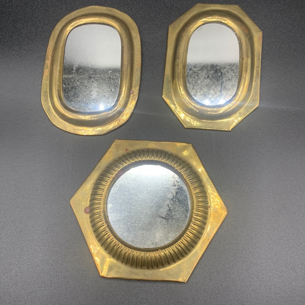 Three Small Vintage Enesco Oval Hexagon Diamond Brass Mirrors